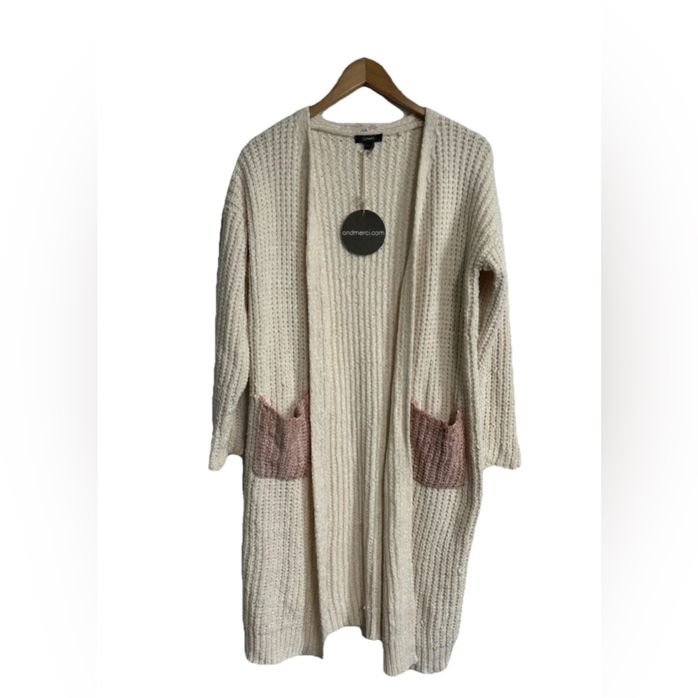 Women’s Medium Duster Open Front Cardigan‎ Color Block Pockets Soft Cozy Ivory